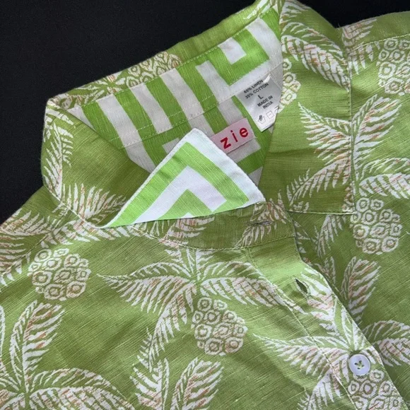 Tizzie Bright Green Pineapple Linen Popover Blouse Top Size L - Picture 8 of 9